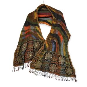 Tolani 100% Wool Multicolored Boho Scarf Wool Flowers with Sequins